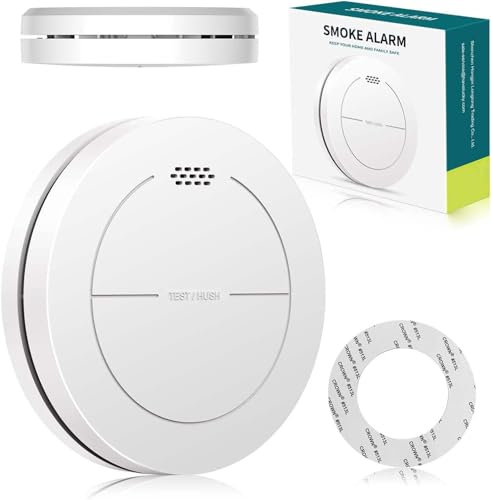 Detecteur de fumée, Batterie de 10 Ans, sans LED Clignotante, Fonction muet, avec tampons adhésifs, Son d'alarme de 85 DB, Alarme Incendie Plate, 1 Pack
