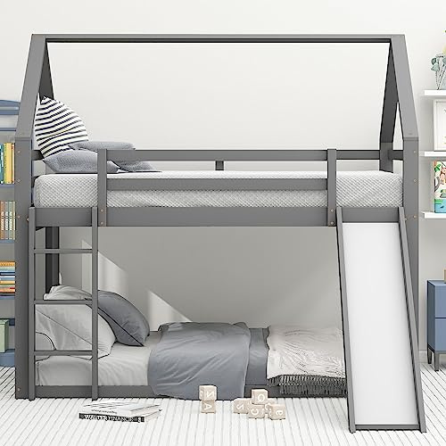 KecDuey Hochbett 140x200cm,Doppelbett Kinderbett Hausbett Etagenbett mit Rutsche und Leiter, Kinderzimmer Hoch-Doppel-Stockbett (Grau)