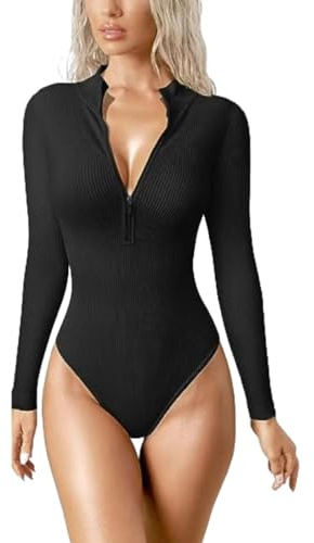 SUIUOI Mono de mujer con mangas largas, elegante mono con mangas largas, camiseta con cremallera, mono con tanga, mono con tirantes, ropa interior de canalé, mono de mujer, ropa de ocio, Negro, M
