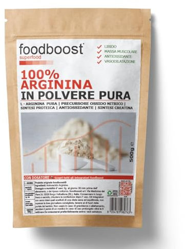L - Arginina pura in polvere 500 g foodboost - senza additivi - con dosatore - per performance atletica, libido, marchio di fiducia italiano, pre workout - 170 DOSI