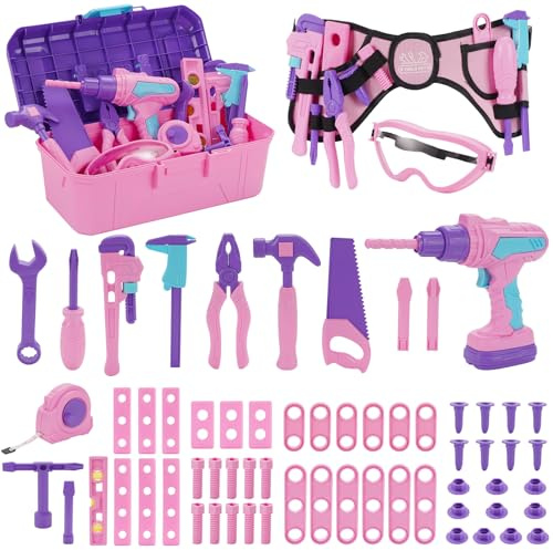 Mallette à outils pour enfants à partir de 3 ans, 67 pièces, avec visseuse sans fil / ceinture à outils, boîte à outils pour jeux de rôle, jouets pour enfants à partir de 3 à 7 ans, cadeau pour filles