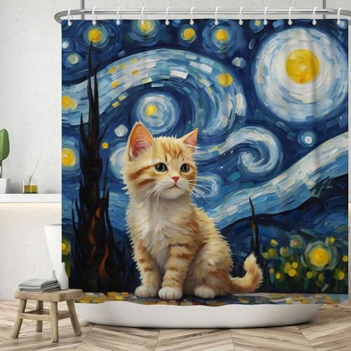 ASDCXZ Katze Duschvorhang 180x220 cm, Modern Abstract Kunst Blau Gelb Ölgemälde Niedlich Katze Bad Waschbar Duschvorhänge Vorhang Polyester Textil Wasserdicht Duschvorhang für Badewanne mit 12 Haken