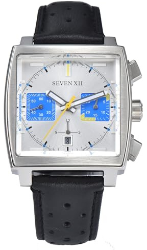 SEVEN XII Quadratische Automatik-Chronograph-Uhr für Herren, selbstaufziehend, Saphirglas, Business, klassisch, leuchtend, Sport-Armbanduhr mit Lederband, S003
