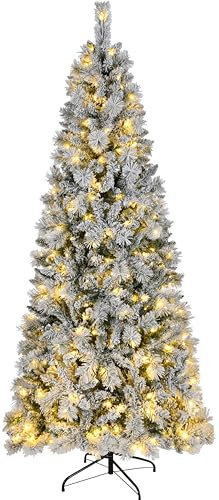 Asinse 7ft/210cm Pre-Lit Slim Snow Flocked Christmas Tree - Premium Artificial Hinged Xmas Tree with 320 Chasing LED Lights, White Heavy Snow Flocking, 850 Branch Tips, Pine Needles, Easy Assembly