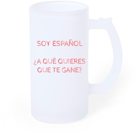 Genérico Jarra 500Ml de cerveza helada Soy español, ¿a qué quieres que te gane? - Jarra bebida refresco cristal esmerilado medio litro - Original regalo Padre Madre Cumpleaños grabado con asa.