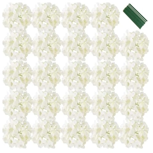 Hortensias Artificiales Cabezas de hortensias de seda de 7 pulgadas, cabezas de flores artificiales con tallos, flores de hortensias falsas for decoración de bodas en el hogar, paquete de 25 (blanco)