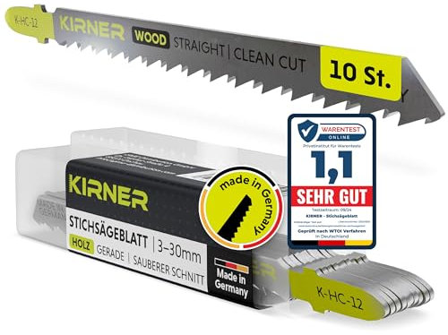 KIRNER Lame per seghetto alternativo per legno, 10 pezzi [fino a 5 volte più tagli] taglio estremamente fine e dritto (3-30 mm) in legno e plastica, per tutte le seghe a T – Lama per sega a taglio