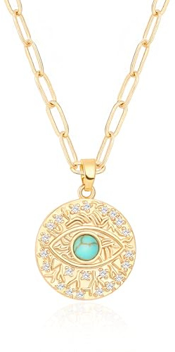 Aobei Pearl Evil Eye Medaillon Halskette 18k Gold Paper Clip Kette Münze Anhänger Halskette Pave Türkis Cubic Zirkonia Layering Schmuck für Frauen 18''
