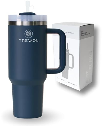 TREWOL Vaso Térmico con Asa y Pajita 1200ml – Acero Inoxidable – Mantiene Bebidas Frías 24h y Heladas 48h – Compatible con Portavasos de Coche – Tapa Antiderrame (Azul oscuro)
