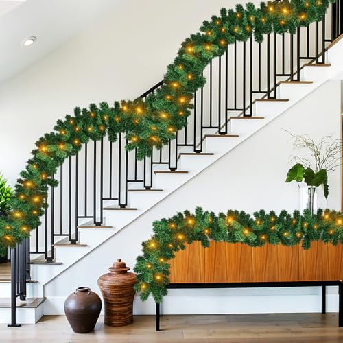 Vigevee 2 ghirlande natalizie da 5 m con illuminazione, ghirlanda di abete artificiale con 100 LED, luce bianca calda, 8 effetti luminosi, ghirlanda decorativa natalizia per interni ed esterni,