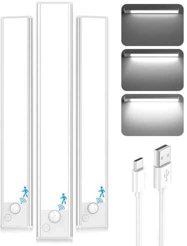 12'' Under Cabinet Lights, 2500mAh LED Battery Operated Rechargeable Motion Sensor Lights Indoor, Magnetic Dimmable Closet Light, Wireless Under Counter Cupboard Night Light for Kitchen, Stair, 3 Pack