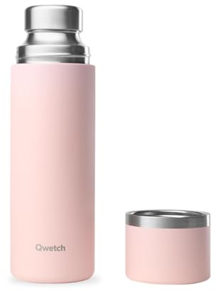 Qwetch - Thermo Isotherme Rose Pastel 750ml - Thermo avec Gobelet Inox Recyclé - 24h Froid et 12h Chaud - Etanche & Idéale pour Café et Thé