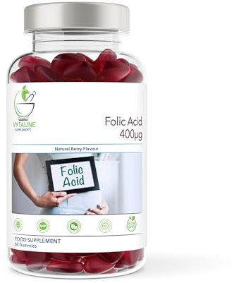 Folic Acid Gummies 400μg Prenatal Gummy 60 Natural Berry Flavoured Gummies High Strength Vitamin B9 Folic Acid Pregnancy Support & Fetus Development Prenatal Vitamin No Artificial Flavours Made in UK