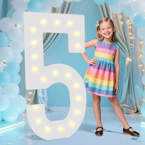 LOBOOM 4FT Marquee Numbers, Light up Numbers Battery Powered, Giant Mosaic Numbers Anniversary Party Birthday Backdrop Decor, Pre-Cut Foam Board Kit Large Birthday Number 5