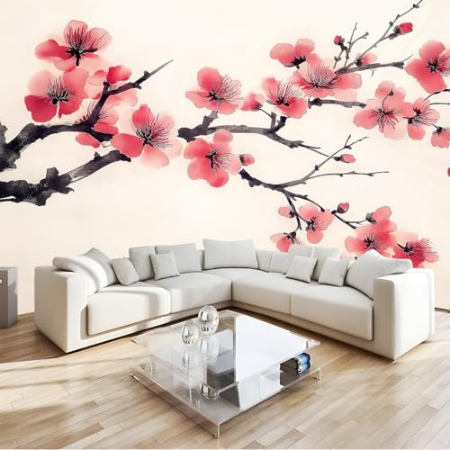 Carta da parati 200 x 140 cm Fotomurali in Murale alla moda Decorazione da Muro Stile pittura a inchiostro Fiore di pesco Camera da Letto, Soggiorno, Ristrutturazione di Pareti Rosa