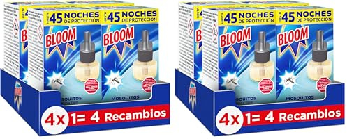 Bloom Líquido Recambio (pack de 4), insecticida eléctrico para mosquitos común y tigre, antimosquitos con fórmula concentrada sin perfume (Paquete de 2)