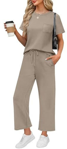 WIHOLL 2 Piece outfits Women fashion lounge wear sets for women uk Casual Summer Travel Vacation Outfits Short Sleeve Wide Pants Coffee M