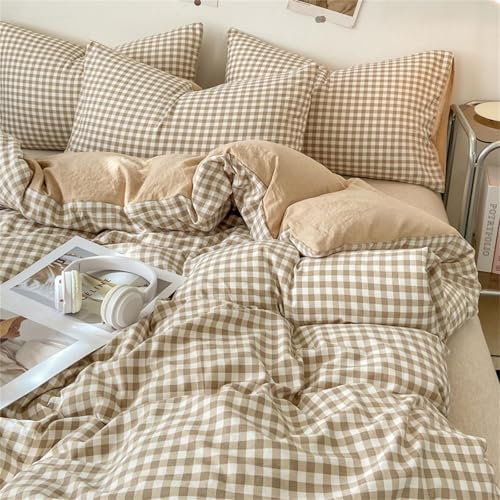 Michorinee Housse de Couette Carreaux Vichy 200x200 Beige Marron - Parure de Lit Adulte 2 Personnes en Microfibre - Linge de Lit à Carreaux Réversible avec 2 Taies d'oreiller 65x65 cm