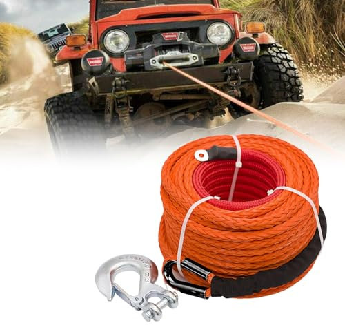 kunststoffseil für Seilwinde, 8mm x 15m Synthetisches Windenseil, 12-Strand Synthetikseil mit Schutzhülle und Metallhaken, Forstseil Maximale Zugkraft 6000KG/13228 LBS, für ATV UTV SUV LKW Offroad