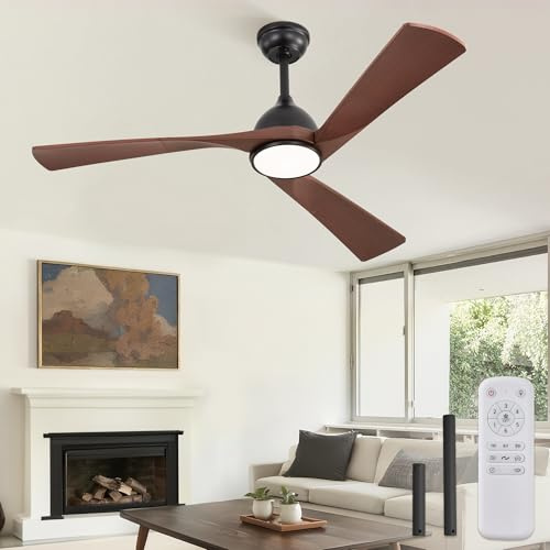 Ventilador Techo Luz Ø132cm, Motor DC Silencioso, 6 Velocidades + 3 Temperaturas LED (3000K-6000K), Reversible Verano/Invierno, Temporizador 1/4/8h, ABS Madera Marrón Oscuro,Montaje por el cliente