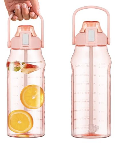 Borraccia trasparente con cannuccia lunga, con indicatore dell'ora da bere, a prova di perdite, in Tritan senza BPA, bocca larga con tracolla per il trasporto (rosa, 1500 ml)