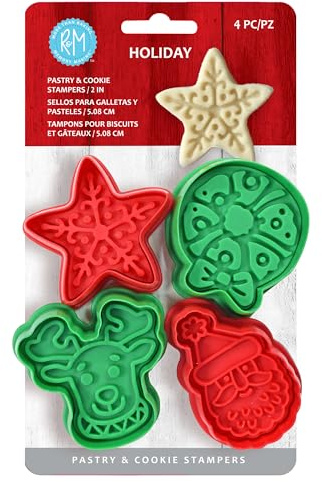 R&M Holiday Pastry & Cookie 2 Stamper Set of 4 – Christmas-Themed Plastic Stampers for Baking, Fondant, and Crafts