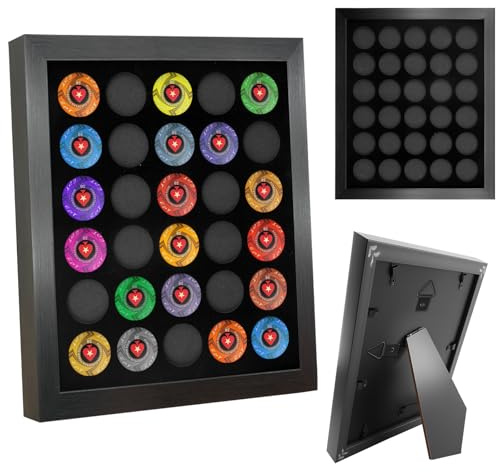 Casino Chip Display Case for 30 Chips, Poker Chips Holder Shadow Box, 11x13 Wall Mount or Tabletop Display Frame for Collectors Souvenir Gift
