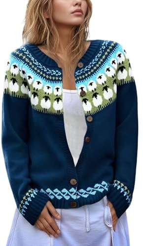 Generisch Women's Norwegian cardigan with sheep motif, vintage cardigan with button placket, cosy cardigan for autumn, Style_y01 Navy, S