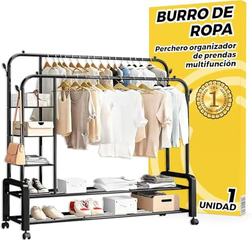 Burro de Ropa Resistente 150 cm con Doble Barra y Zapatero - Perchero de Pie con Ruedas 360 Armario Abierto Multifunción para Vestidor y Dormitorio Antideformación - Acero Negro