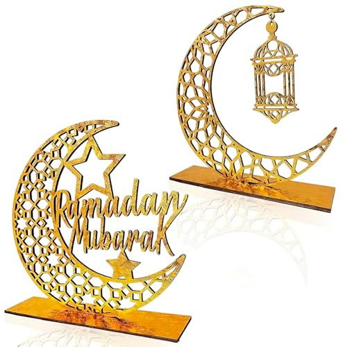 Ramadan Deko, Ramadan Dekoration, 2 Stück Unterschiedlich Holz Mond Tischdeko für Islamische Feierlichkeiten, Perfektes Geschenk für Eid Mubarak und Festlichkeiten