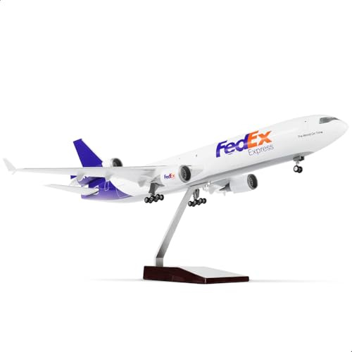 QIYUMOKE MD-11 flygplansmodell i skala 1:130, kompatibel med FedEx, inklusive stativ (47 cm lång), tillverkad av harts, perfekt som souvenir för vuxna, som dekoration för hem eller kontor.