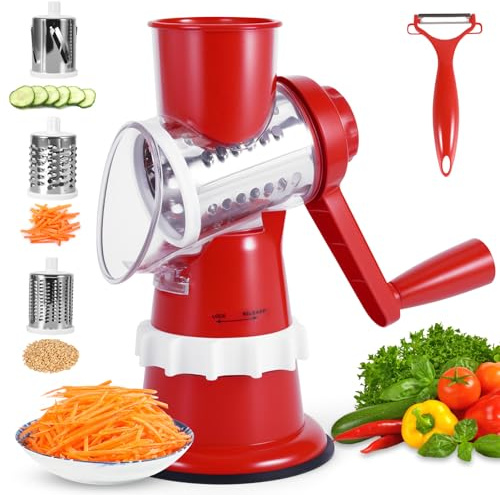 Rotary Cheese Grater, Manual Rotary Grater with 3 Replaceable Stainless Steel Blades and Strong Suction Base, Dishwasher Safe, Cheeses Grater Rotary for Hard Cheese, Nuts, Fruits & Carrots (Red)