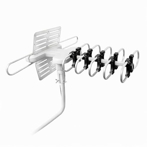 Antenna HDTV amplificata per esterni con rotore motorizzato a 360° e telecomando wireless, UHF/VHF-Hi, ATSC 3.0 Ready, doppie uscite TV, cavo coassiale RG6 da 40 piedi e inseritore di alimentazione