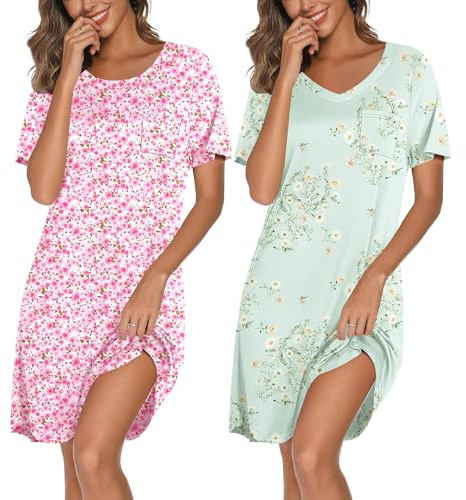 Ekouaer 2 Pack Nightgowns for Women Bamboo Viscose Sleep Shirts Short Sleeve Nightshirt V neck Sleepdress Soft Sleepwear