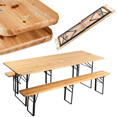 Crisalide® Set Birreria Pieghevole in Legno di Abete – Tavolo 220 cm con 2 Panche – Disponibile Larghezza 70 cm o 80 cm – Struttura in Acciaio Rinforzato (220 * 70 CM)