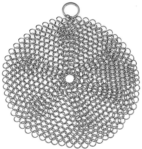 TOPULORS 316L Edelstahl Gusseisen-Reiniger - Kettenpanzer-Schrubber für Gusseisenpfannen, vorgebrannte Pfannen, Grillplatten, BBQ-Grills & Kochtöpfe - Runde Form, 17,8 cm Durchmesser