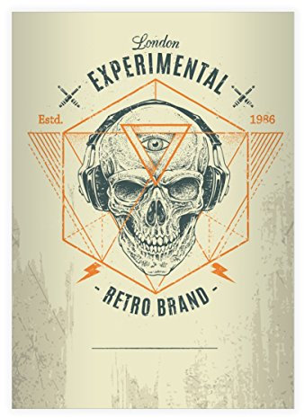 Kartenkaufrausch 8 Coole Retro Totenkopf DIN A4 Schulhefte, Schreibhefte mit Kopfhörer Skull in orange Lineatur 27 (liniertes Heft)