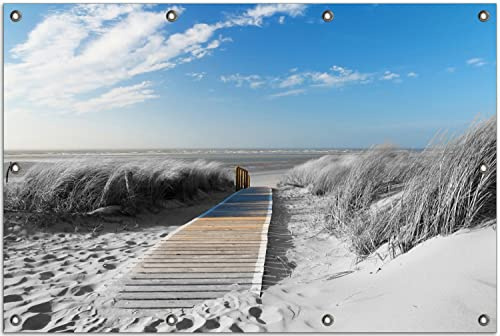 Wallario Outdoor-Poster für Garten oder Balkon Auf dem Holzweg zum Strand in schwarz-weiß Optik, Motivbanner Größe: ca. 80 x 120 cm, Outdoor-Bild