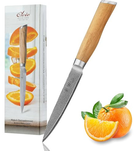 Wakoli Olive Damast Messer Allzweckmesser | Küchenmesser mit 12,5 cm Klinge aus 67 Lagen Damaststahl mit VG10-Kern | Olivenholzgriff | für Gemüse, Fleisch & Obst | Gemüsemesser in Geschenkbox