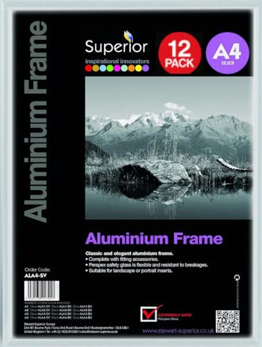 Stewart Superior Bilderrahmen, A4, gebürstetes Aluminium, mit Plexiglas-Sicherheitsglas, silberfarben, 12 Stück