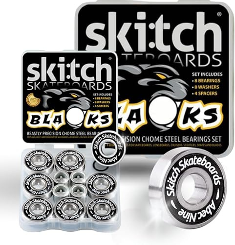 SKITCH Precision Fast Spin Bearings Set | 8 Pack 608 2RS ABEC 9 Chrome Steel Deep Groove Ball Bearing Set for Skateboards, Longboards, Inline Skates, Scooters | + Washers + Spacers | 8mm x 22mm x 7mm