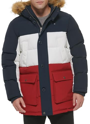 Tommy Hilfiger mens Arctic Cloth Heavyweight Performance Parka Down Coat, Navy/White/Red, XX-Large US