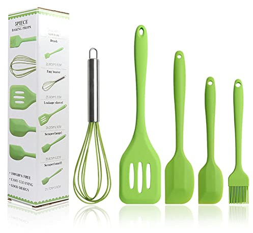 Kitchen Utensils Set, Green 5 Pieces Silicone Spatulas Set - Basting Brushes - Pastry Oil Brush - Egg Beater - Slotted Turner - Silicone Cooking Spatula Non-Stick