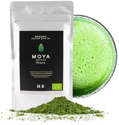 Moya Matcha Bio Tee Pulver Grün | 100g Premium Zeremonie-Qualität | Organisch Gewachsen und Geerntet in Uji,Japan | Grüntee-Pulver Matcha | Ideal für die japanische Teezeremonie mit Wasser