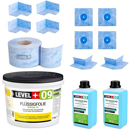 Dicht-Set 12 Kg Flüssigfolie, Tiefengrund 2 L, 15m Dichtband, 4 Innenecken, 2 Außenecke, 4 Wandmanschetten, Balkonabdichtung Terrasse Keller Bad SET66