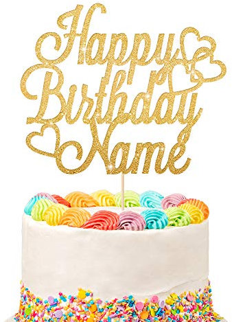 Personalised Happy Birthday Cake Topper | Customized Name Cake Decoration | Double Sided Glitter Card | Gold