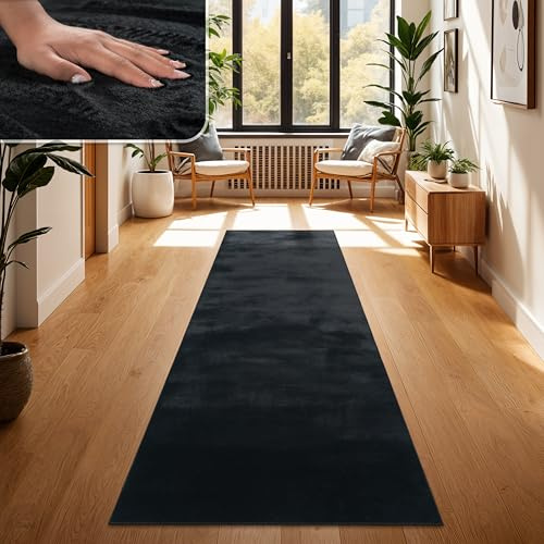 Paco Home Teppich Wohnzimmer Kunstfell weich waschbar modern elegant pflegeleicht Felloptik Uni Seidenglanz flauschig Hochflor, Grösse:80x150 cm, Farbe:Schwarz