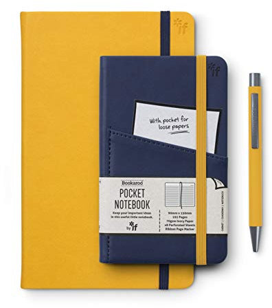IF Bookaroo Carnet de notes A5 & A6 avec stylo assorti Moutarde & Bleu marine Carnet de notes Couverture rigide avec fermeture élastique Ruban A5 21,5 x 13,5 cm 192 pages A6 21,5 x 13,5 cm Stylo à