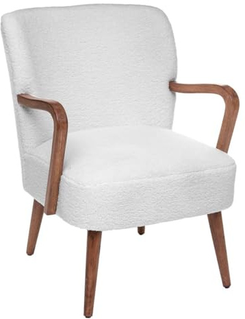 Atmosphera Interior Designer – Chiara Bouclé Sessel, Weiß, Retro-Vintage-Stil, Hevea-Holz, halbfeste Armlehnen, umlaufendes Design für Wohnzimmer, Büro, Schlafzimmer