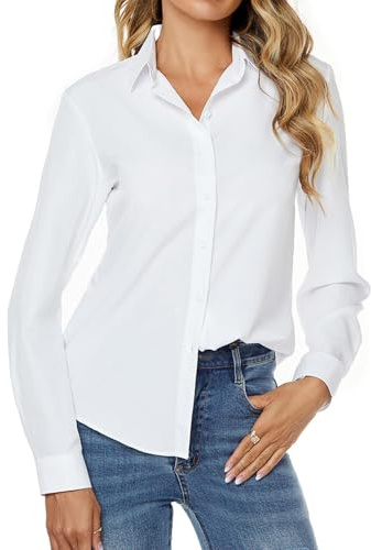 jonivey Womens Stretch Button Down Long Sleeve Shirt Soft Basic Wrinkle Free Work Business Formal Casual Blouse (White,S)